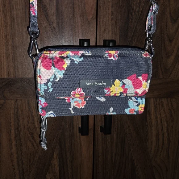 VERA BRADLEY Crossbody RFID Wallet Dark Gray w/Floral Pattern - Picture 9 of 11